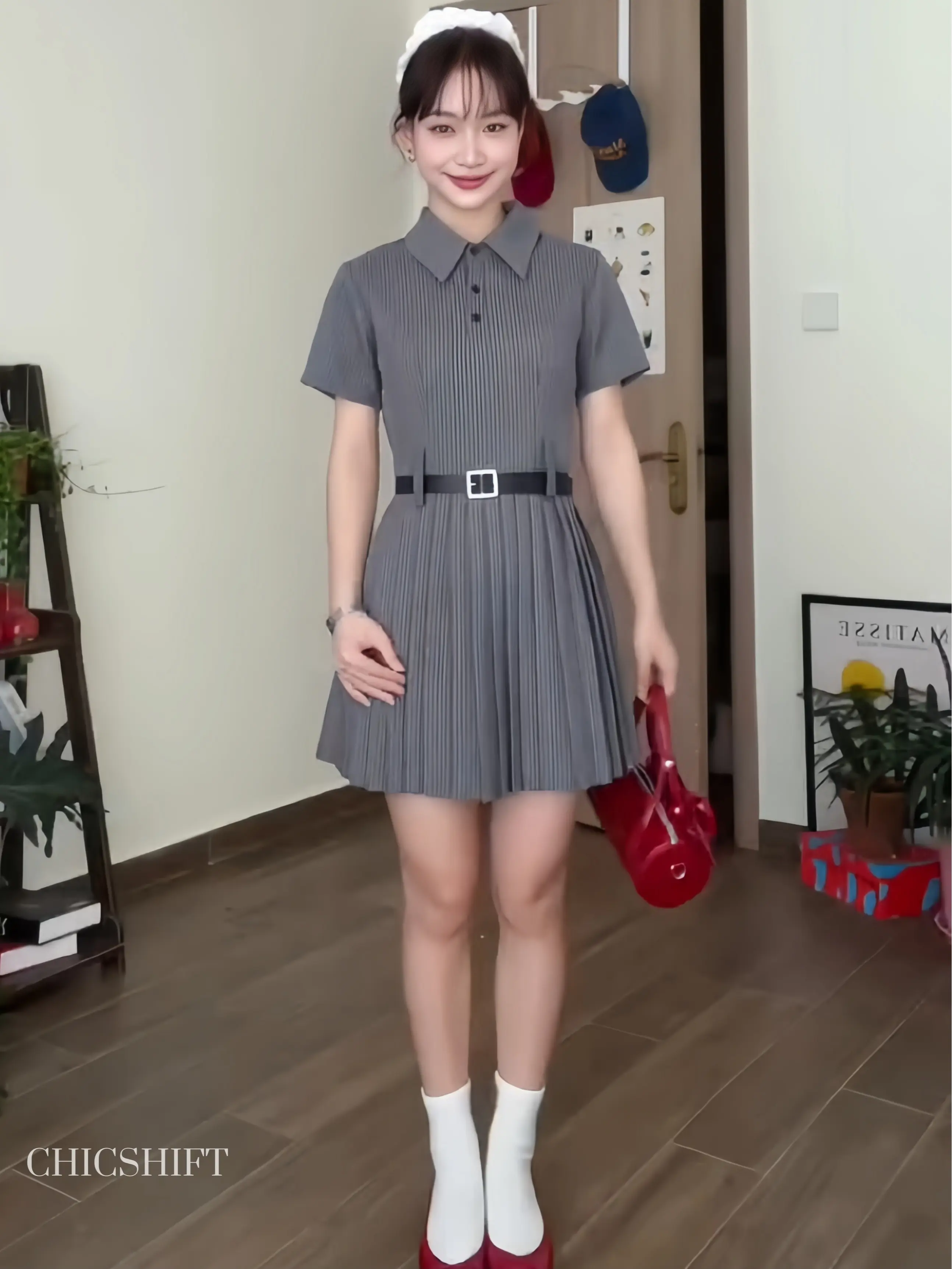 Chicshift - Váy đầm xếp ly phối cổ sơ mi vải kẻ sọc kèm đai lưng phong cách trẻ trung