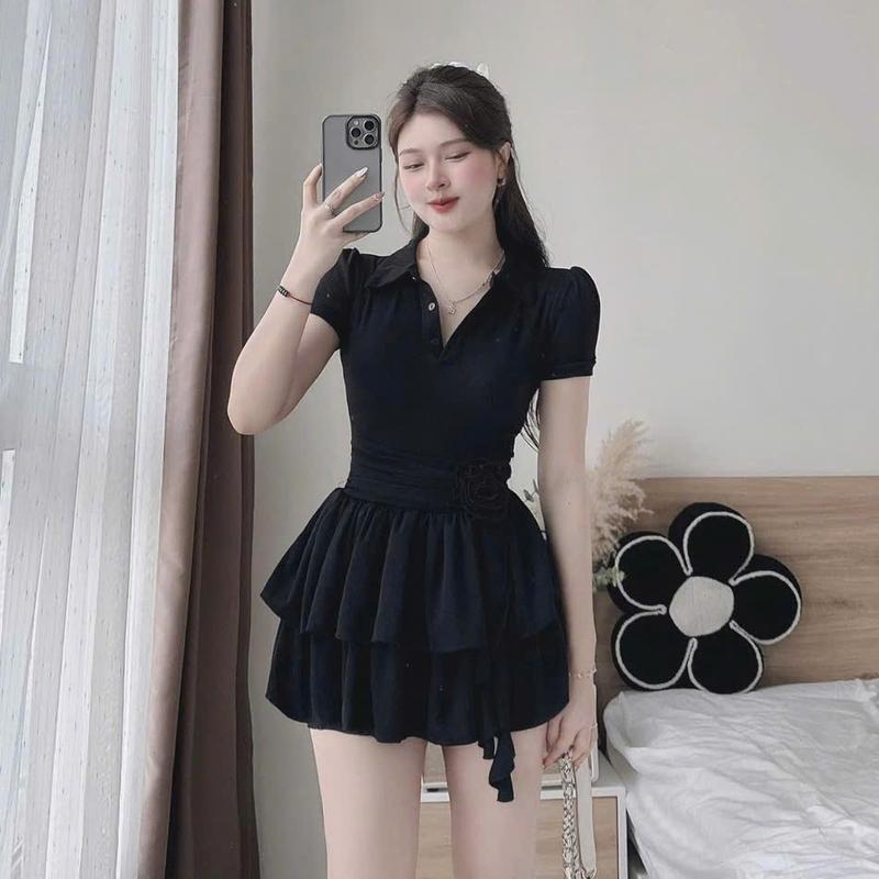 Đầm Nữ Sang Chảnh Form Xòe Nhún Eo Họa Tiết Bông Hoa Cổ Polo Kèm Quần_Có Bigsize
