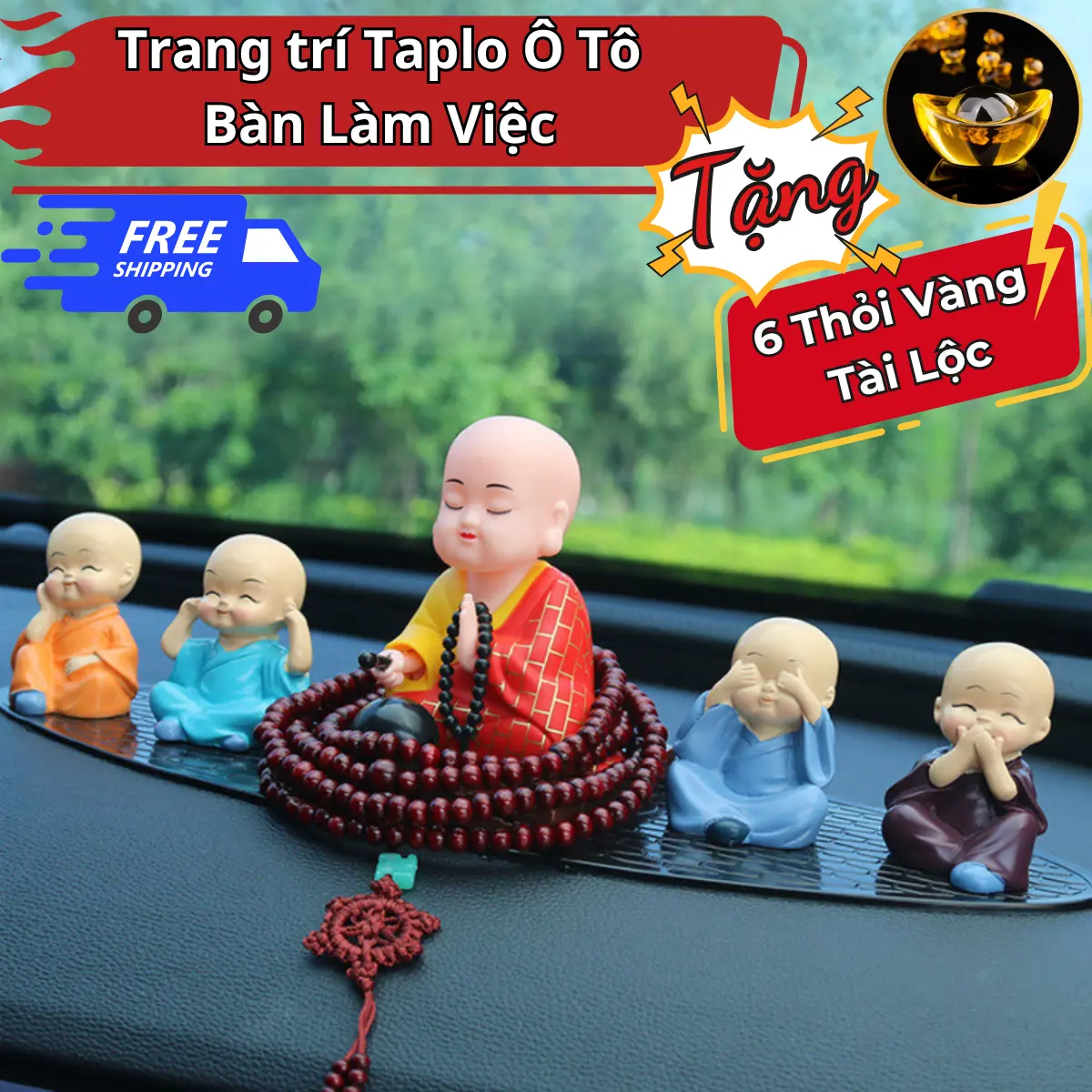 Sét Sư thầy và 4 Chú Tiểu - năng lượng mặt trời , decor trang trí ô tô, phòng khách, bàn làm việc thêm sang trọng và tinh tế
