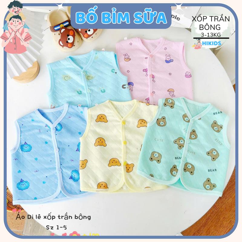   Set 3-5  Áo Gile Xốp Trần Bông Thu Đông Cho Bé Sơ Sinh nhiều màu cổ tàu cúc giữa mềm mại cho bé trai bé gái 3-9 kg  AXOP02 Hikids 