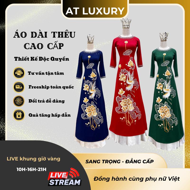 Áo dài thêu hoa sen chât liệu vải lụa mango cổ tròn đính kết đá và pha lê Dress Kem