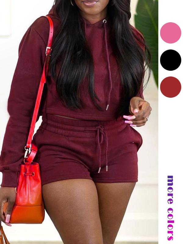 Christmas Deals, Two-piece Set Women's Solid Drop Shoulder Hoodie & Drawstring Waist Shorts Set, Casual Fashion Cozy Hooded Sweatshirt & Shorts for Daily Outdoor Wear, Ladies Summer Clothing, Christmas 2024 Trend, Fall & Winter Outfits 3