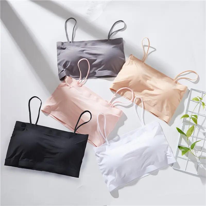 One-Piece Ice Silk Seamless Thin Strap Camisole with Beautiful Back, Solid Color Invisible Bra with Chest Pads for Girls