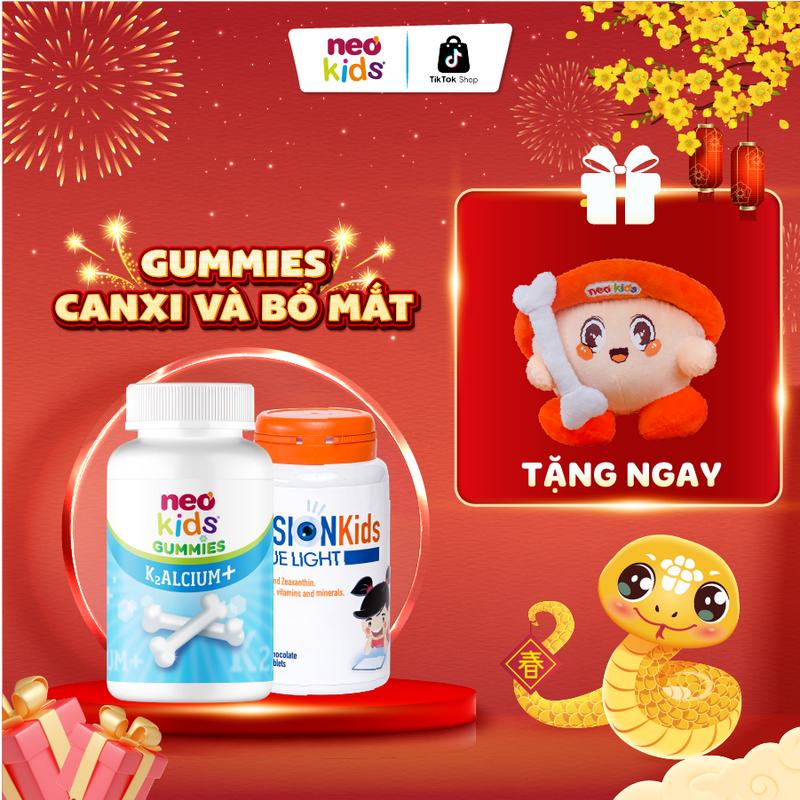 Combo Viên nhai Canxi Neokids và Bổ mắt Vision Kids bổ sung Canxi, Vitamin D3, K2, MK7, Lutemax 2020 giúp hỗ trợ phát triển xương và răng, giúp bảo vệ mắt cho bé yêu