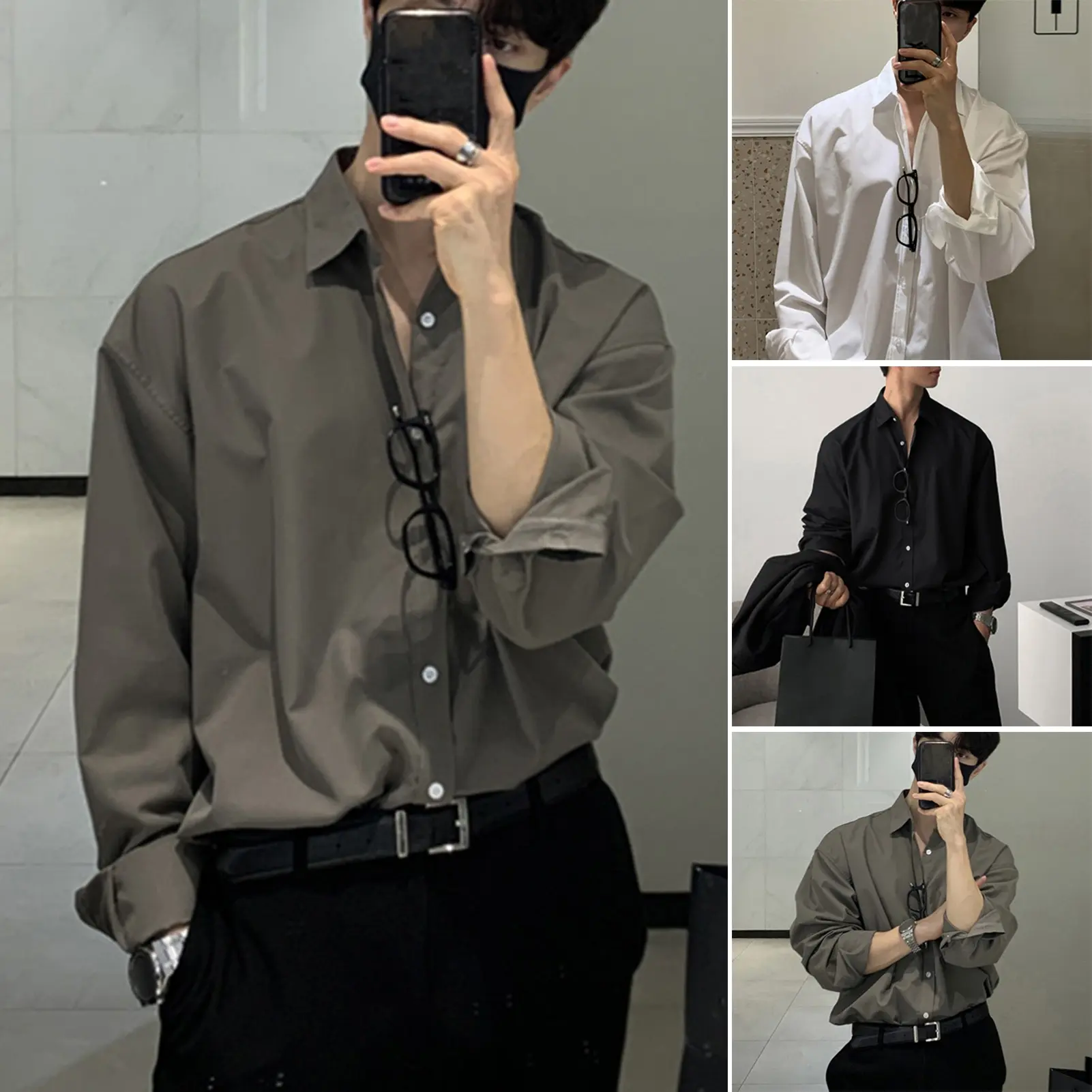 Qikbjgs Men Shirt Turn-down Collar Loose Single-breasted Long Sleeves Fornal Business Style Solid Color Soft Breathable English Men Mid Length Shirt Top