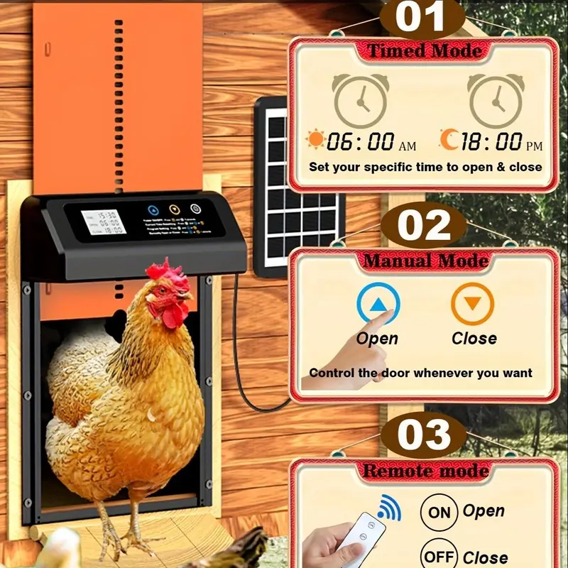 Solar Powered Automatic Chicken Coop Door, Chicken Coop Door with Timer Remote Control, Anti-pinch Design Poultry & Small Animal Safety Door 4