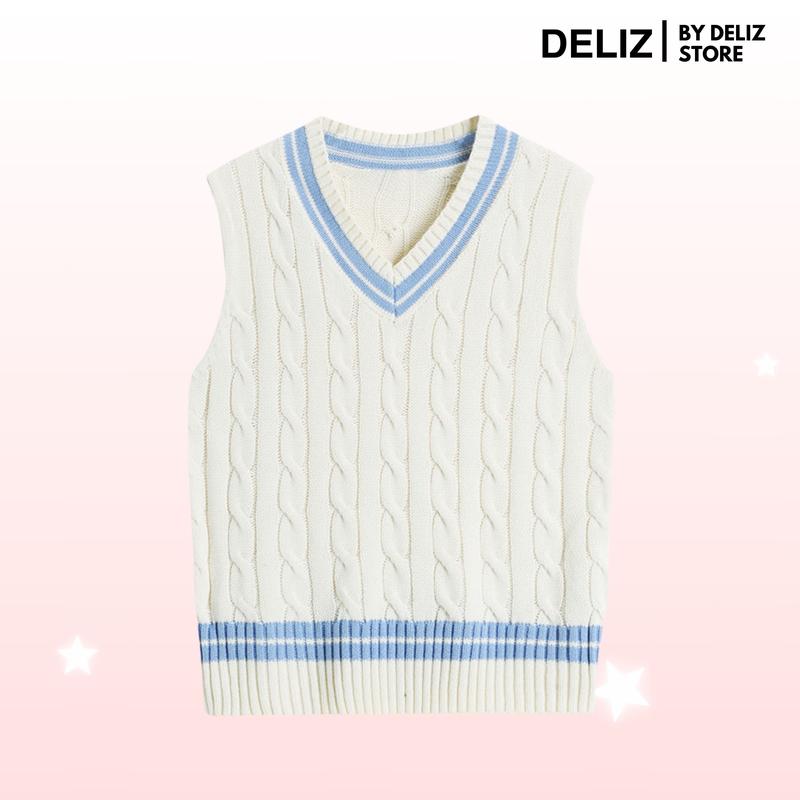 Áo gile nữ len dệt kim màu trắng cổ tròn viền xanh vặn thừng basic đi học đi chơi dễ thương hàng thu đông - GL22