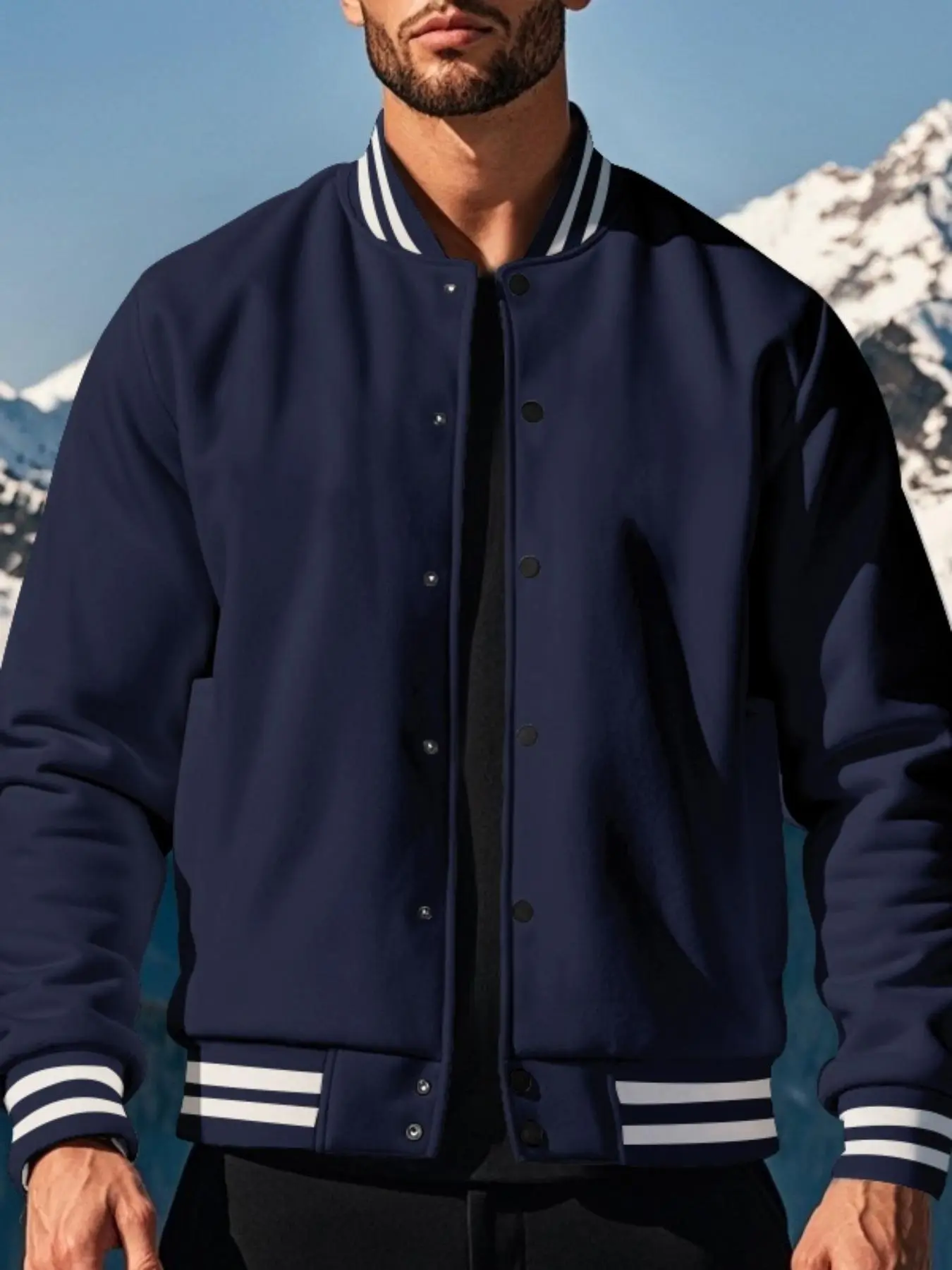 Men's Regular Fit Solid Contrast Binding  Baseball Jacket, Casual Fashionable Varsity Jacket for Spring & Fall, Men's Outerwear for Daily Wear