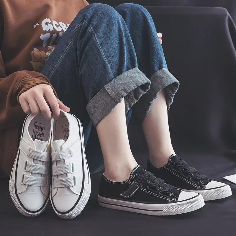 Korean Style Low-Top Canvas Shoes Women's Velcro 2024 Spring New Velcro Fastener White Shoes Cloth Shoes Women's Loafers Girl Footwear Walking Shoes Casual Training Trainers Sneakers Runner