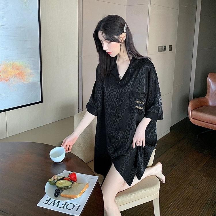 2025 New Ice Silk Nightdress for Women Summer Short Sleeve Cardigan Mid-Length Pajamas Thin Sexy Loose Loungewear 0