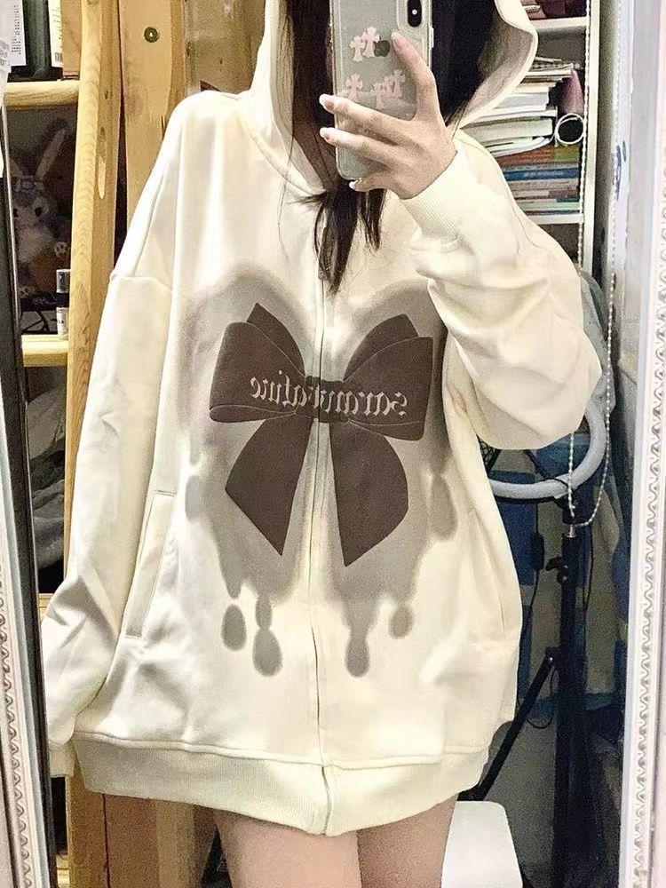 Product Introduction of Áo Len Cardigan Có Mũ Trùm Đầu Màu Mơ Cổ Điển, In Nơ, Dành Cho Nữ, Thích Hợp Cho Mùa Xuân Và Mùa Thu, Lông Cừu, Mỏng Và Rộng, Áo Khoác Có Khóa Kéo, Năm 2024 11