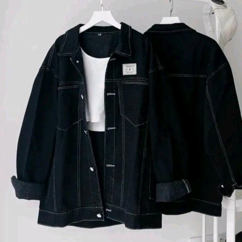 Áo khoác jean nam nữ đen chỉ nổi form rộng 40 75kg Jacket Menswear Kem