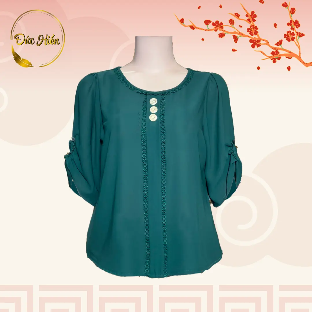 ÁO NỮ TRUNG NIÊN LỤA TẦM Ý VIỀN REN CỔ SANG TRỌNG Top Sơ Mi Women Kem Đen Cotton Cổ tròn Thông thường