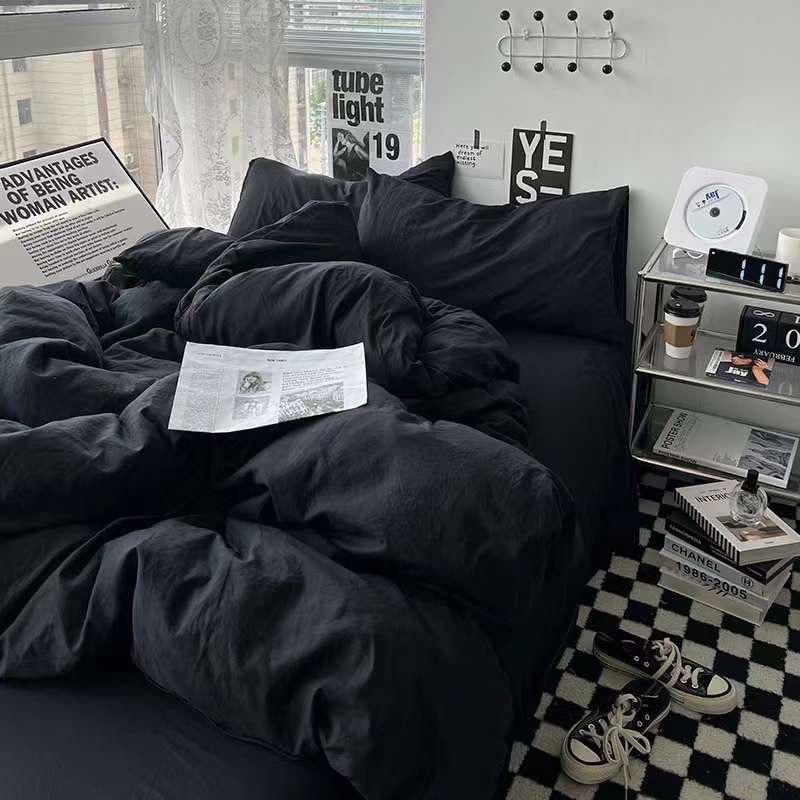 Bộ chăn ga gối cotton tici  cotton đũi trơn dày decor phòng ngủ vintage màu đen tuyền full đủ mọi cỡ nệm Cotton 6