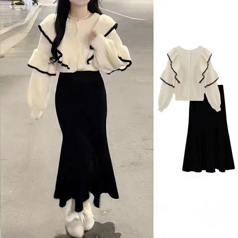 Set chân váy đuôi cá áo bánh bèo trắng kem phối mí đen chân váy dài thiết kế tiểu thư Mai Chi Store MC500