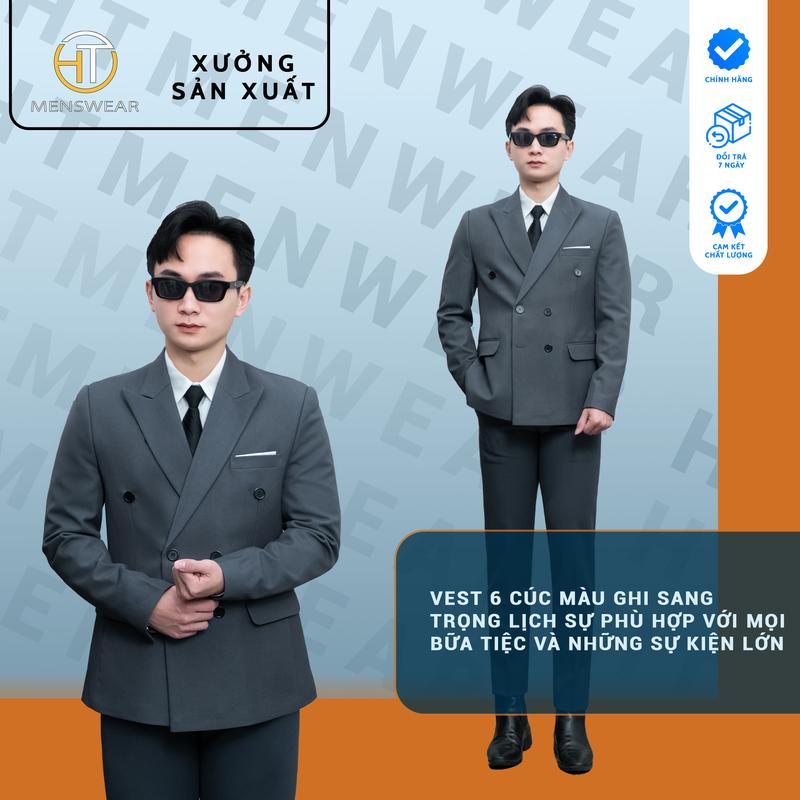 Bộ vest nam HTMenswear 6 cúc MÀU GHI chất liệu vải 79 dày dặn slimfit ôm sát đai cáp trượt tiên tiến - Áo - Baggy Pants Quần Âu