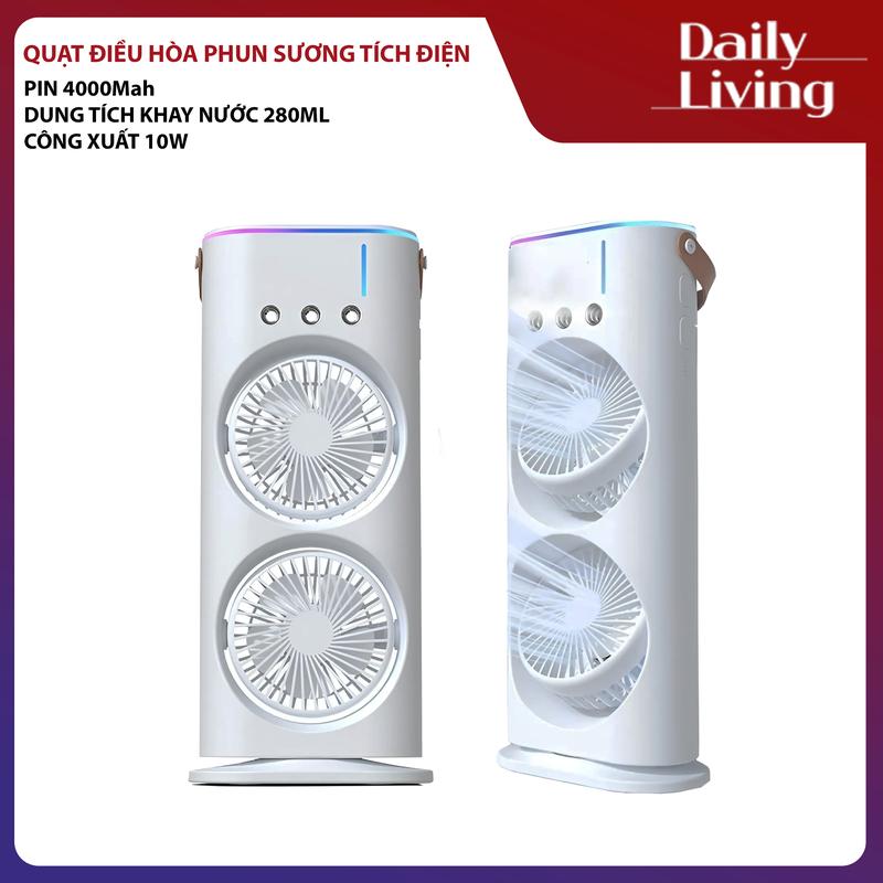 Quạt Phun Sương Tích Điện PS-02 Quạt Điều Hòa Tích Điện Có 2 Khoang Gió Làm Mát Bằng Hơi Nước, Có Đèn LED Decor Làm Đèn Ngủ