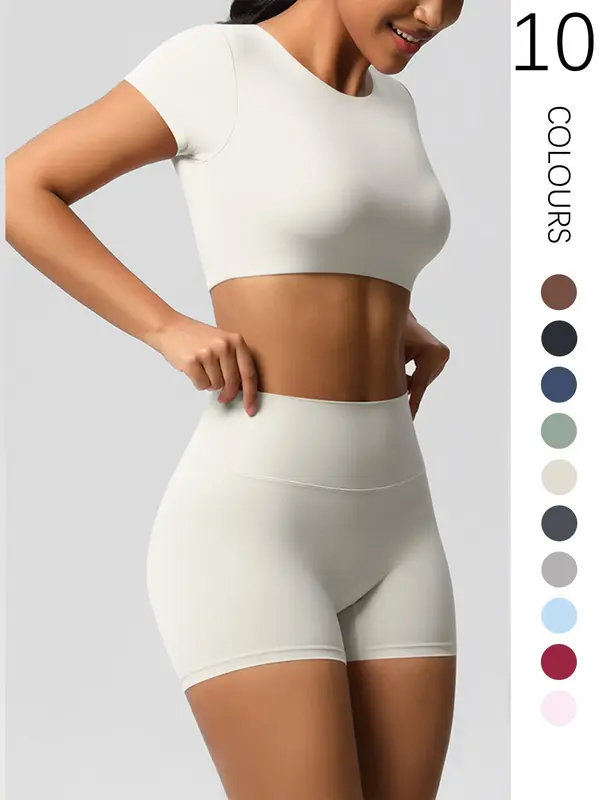Two-Piece Set Women's Solid Ribbed Crop Top & High Waist Shorts Tracksuit Set, Breathable Comfortable Seamless for Yoga Gym Workout Running, Ladies Sportswear for All Seasons 2