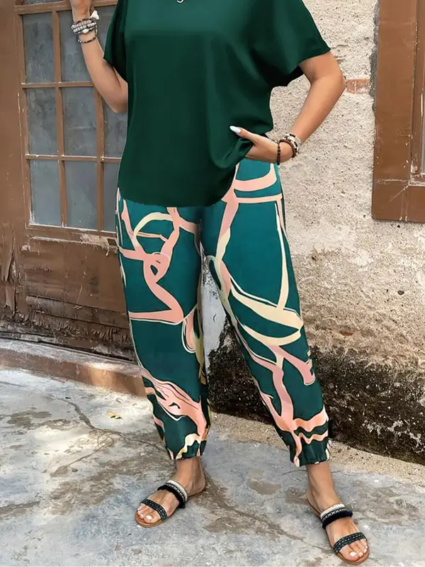 【Plus Size】 Two Counts Batwing Sleeve Blouse & Colorblock Pants Set, Casual Round Neck Top & Trousers 2 Piece Set for Summer, 2 Piece Sets Women, Co Ords for Women for Daily Wear 6