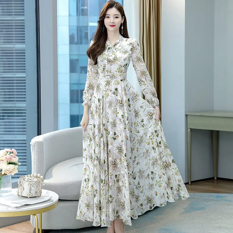 Váy Voan Hoa Cho Nữ, Váy Dài Tay Có Nơ