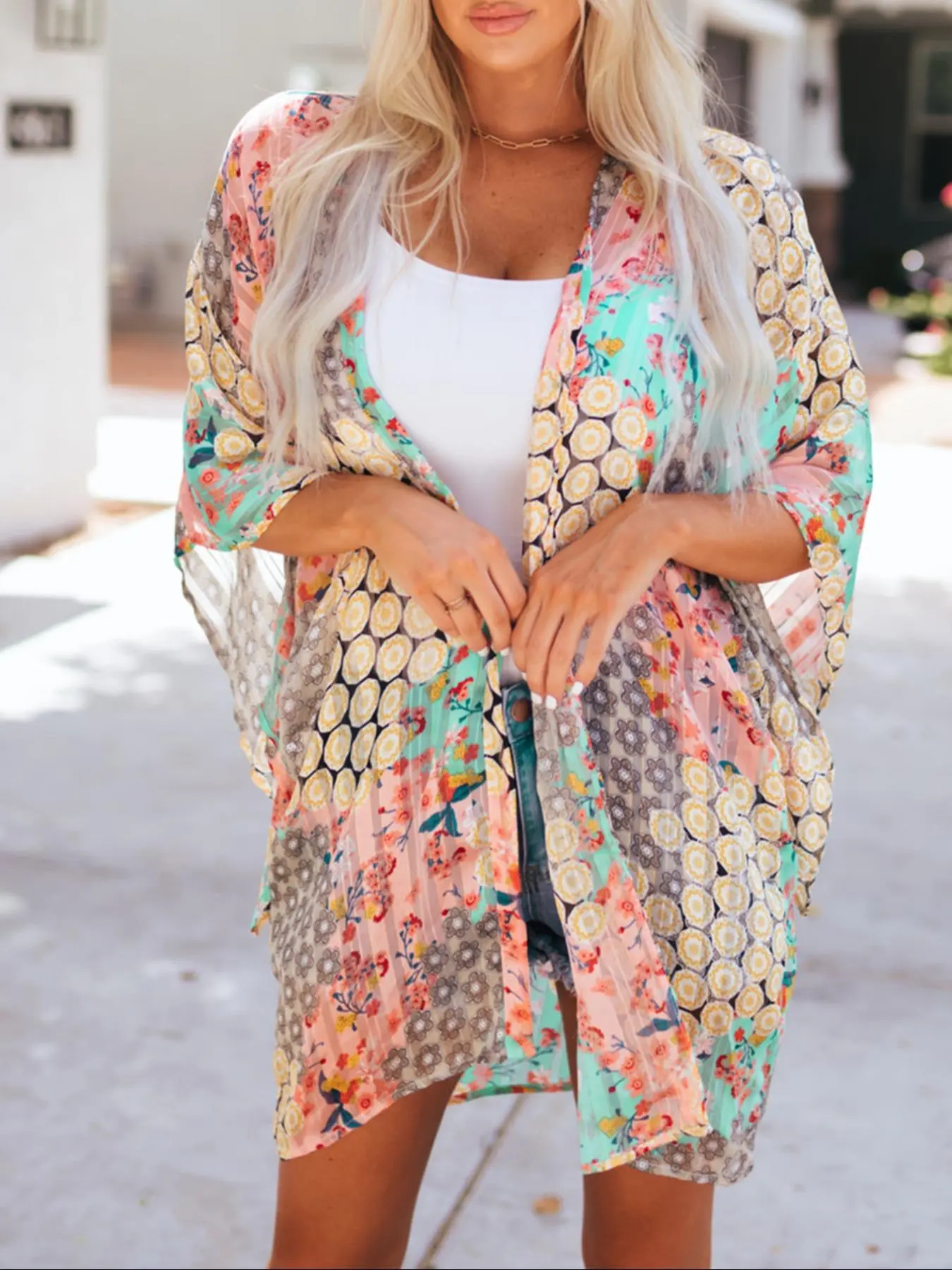 Women's Floral & Patchwork Print Cover Up, Casual Batwing Sleeve Open Front Outerwear, Ladies Clothes for Daily Wear