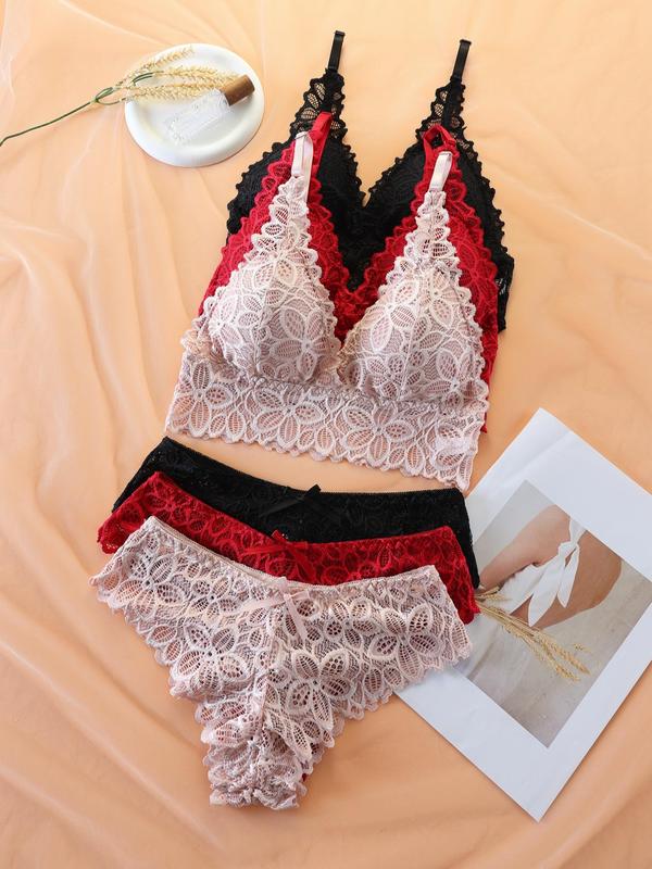 Women's Simple Contrast Lace Wireless Bra & Bow Panty Set, Lady Adjustable Spaghetti Strap Bralette & Knicker, Comfort Summer Clothes, Lingerie & Underwear Set, Underwear for Women, Co Ords for Women Womenswear Comfortable White 1