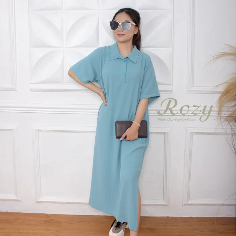Rozy - Long Dress Button Cringkel Baju Midi Casual Panjang Wanita Gaun Hitam Simple Baju Pesta Pendek 2