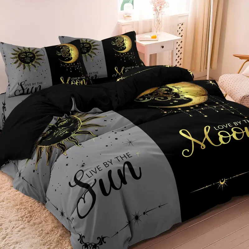 Moon & Sun Print Bedding Set, 3 Counts/set Including 1 Duvet Cover & 2 Pillowcase without Filler, Soft Comfortable Bedding Set for Home Bedroom 0