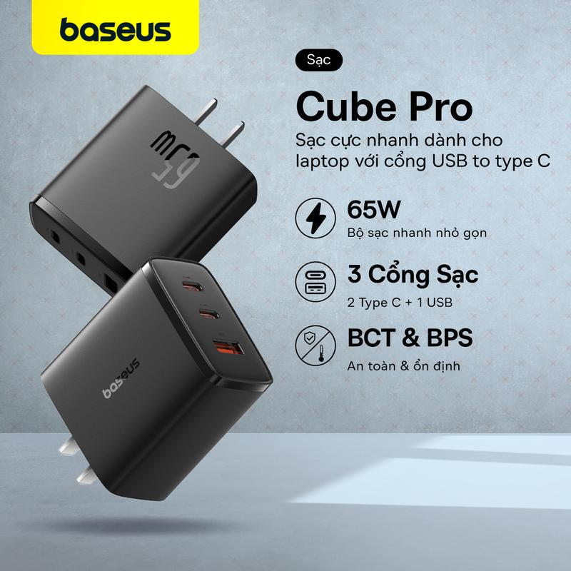   NEW  Baseus Củ Sạc nhanh Cube Pro 65W GaN5 3 cổng: 1 cổng USB 2 cổng type-C hỗ trợ sạc nhanh PD3.0 QC3.0 cho laptop máy tính bảng Phụ Kiện 