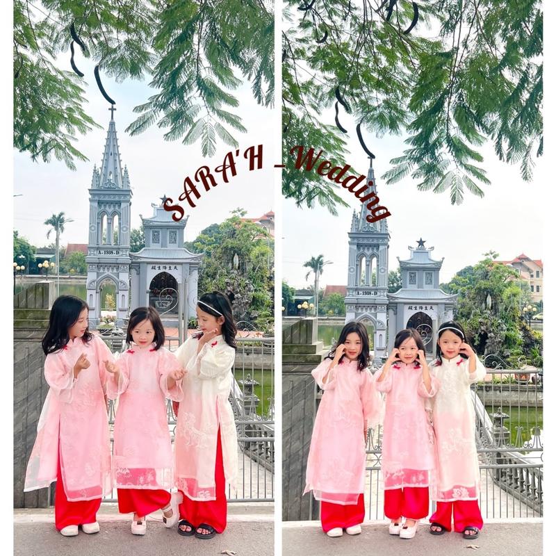 Áo dài thêu kì lân cho bé gái từ 11kg-36kg, chất liệu tơ thêu họa tiết cao cấp, tặng kèm bờm vay tetcho áo  váy