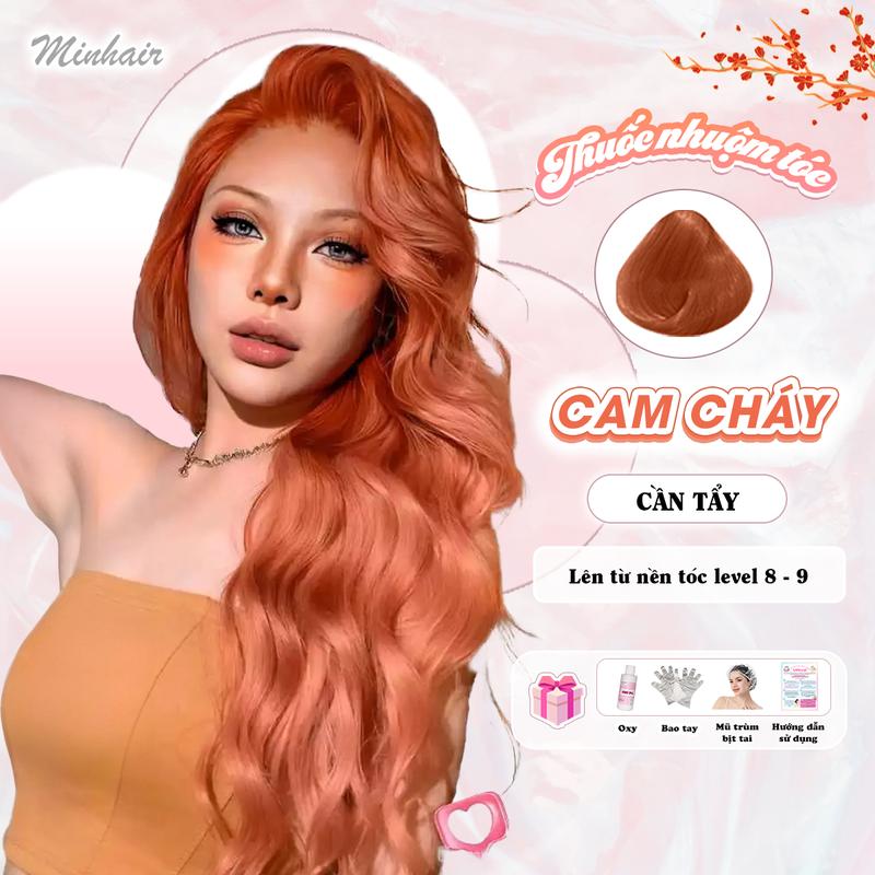 Thuốc nhuộm tóc Cam, Thuốc nhuộm tóc Cam Cháy, MinHair tặng kèm oxy trợ dưỡng và bao tay Đổi Màu Tóc Nam Nữ Women
