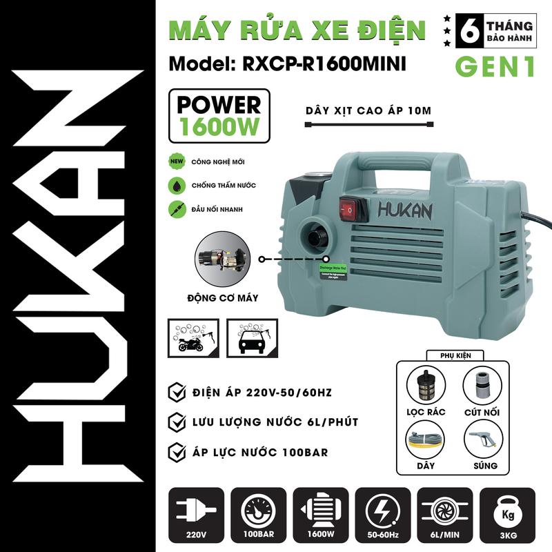 Máy rửa xe điện mini Hukan R1600M, công suất 1600W, lưu lượng 6lít/phút, áp suất 100BAR hàng chính hãng