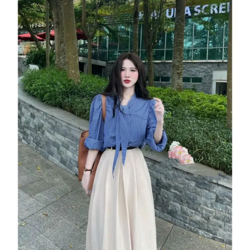 Sét bộ váy 3 món Nữ chất cotton lạnh dáng dài xòe maxi thiết kế áo sơ mi dài tay cột nơ cổ kèm đai lưng tiểu thư xinh đẹp mặc đi chơi hẹn hò ăn uống Văn phòng thanh lịch  Women Dress 1