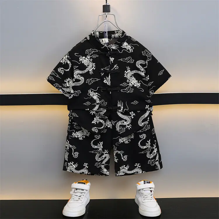 Bộ Áo Sơ Mi Hanfu Lụa Mango Ngắn Tay + Quần Short Họa Tiết Rồng Cho Bé Gái Và Bé Trai Phong Cách Sành Điệu Thời Trang Mùa Hè 2
