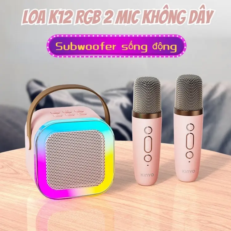 ( SALE MẠNH ) Loa Bluetooth Karaoke Mini K12 Tặng kèm 2 Mic Hát , Thiết Kế Nhỏ Gọn , Âm Thanh Hay Bass Chuẩn , Có Đèn Led Nhiều Màu , BH Lỗi 1 đổi 1