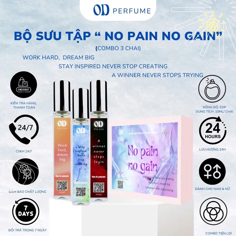 Nước hoa unisex OD Perfume - Bộ sưu tập No Pain No Gain combo3c/10ml dạng xịt lưu hương 24h
