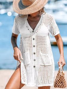 Women's Solid Color Crochet V Neck Split Hem Cover Up Dress, Regular Fit Casual Comfy Short Sleeve Button Front Pocket Cover Up Dress for Beach Holiday Vacation, Ladies Clothes for All Seasons