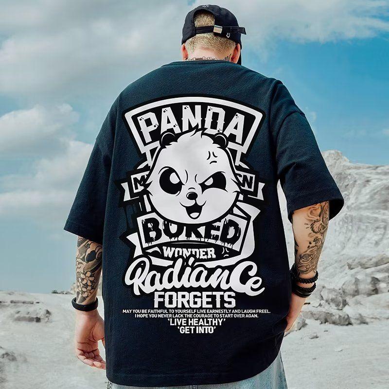 [Popular Print] New Chinese Style Panda Fat Man Trendy Ins Short Sleeve T-Shirt Loose Fit Summer Plus Size Five-Quarter Sleeve Chinese Style 1