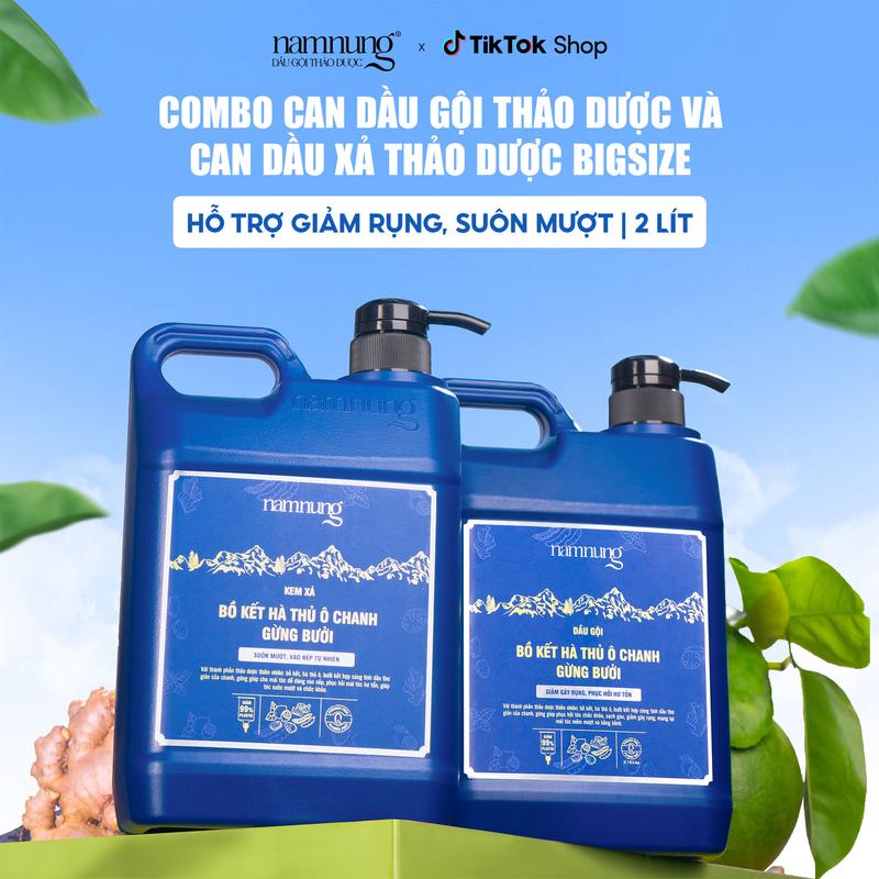 [Sắp cháy hàng][COMBO TIẾT KIỆM] Dầu gội thảo dược NamNung, dầu gội hỗ trợ giảm rụng tóc can 2 lít chiết xuất thiên nhiên Bồ kết hà thủ ô và Dầu xả thảo dược hỗ trợ dưỡng tóc suôn mượt can 2 lít FREESHIP Chăm sóc tóc Dưỡng tóc nữ