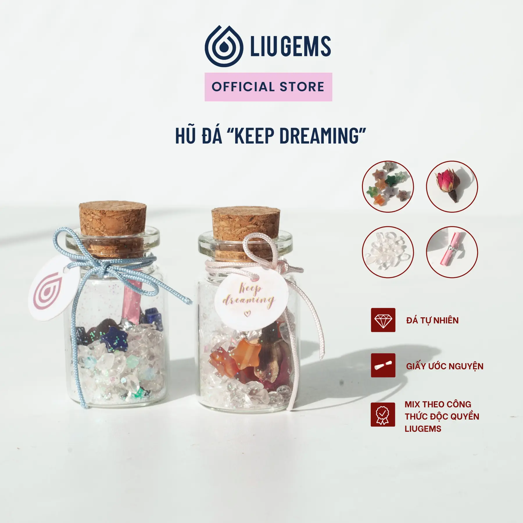 Hũ Đá KEEP DREAMING Liugems Mix Đá Tự Nhiên, Hoa Hồng Nhỏ Xinh Ý Nghĩa HD