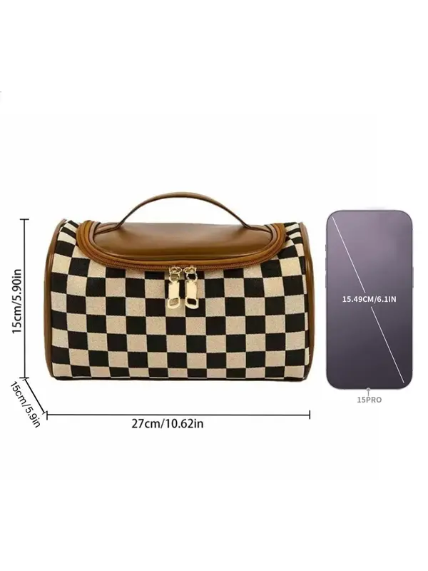 Women's Fashionable Plaid Pattern Handbag, Large Capacity Cosmetic Bag, Portable Toiletry Bag, Casual Trendy Versatile High-quality Daily Commuting Bag 1