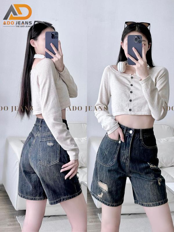 Quần short Jeans lững nữ lưng cao rách nhẹ phối túi nổi cá tính chuẩn form tôn dáng -chất Jeans bò cao cấp (N06)