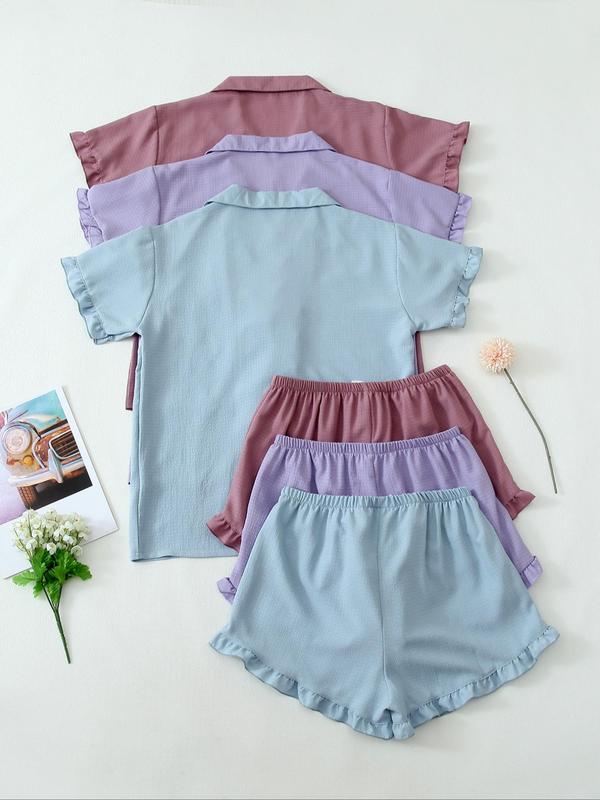6 Pieces Women's Plain Ruffle Trim Button Front Lapel Shirt & Bow Decor Elastic Waist Shorts Pyjama Set, Casual Soft Comfortable Short Sleeve Top & Shorts Loungewear Set, Comfy Sleepwear Set for Women 4