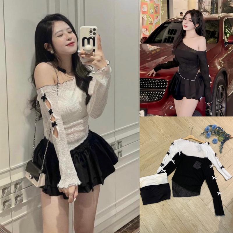 Áo lệch vai vạt nhỏ kèm áo ống áo lệch vai tay khoét đính nơ ren lưới sexy áo kiểu Bigsize Kim Ngân từ 50kg đến 100kg