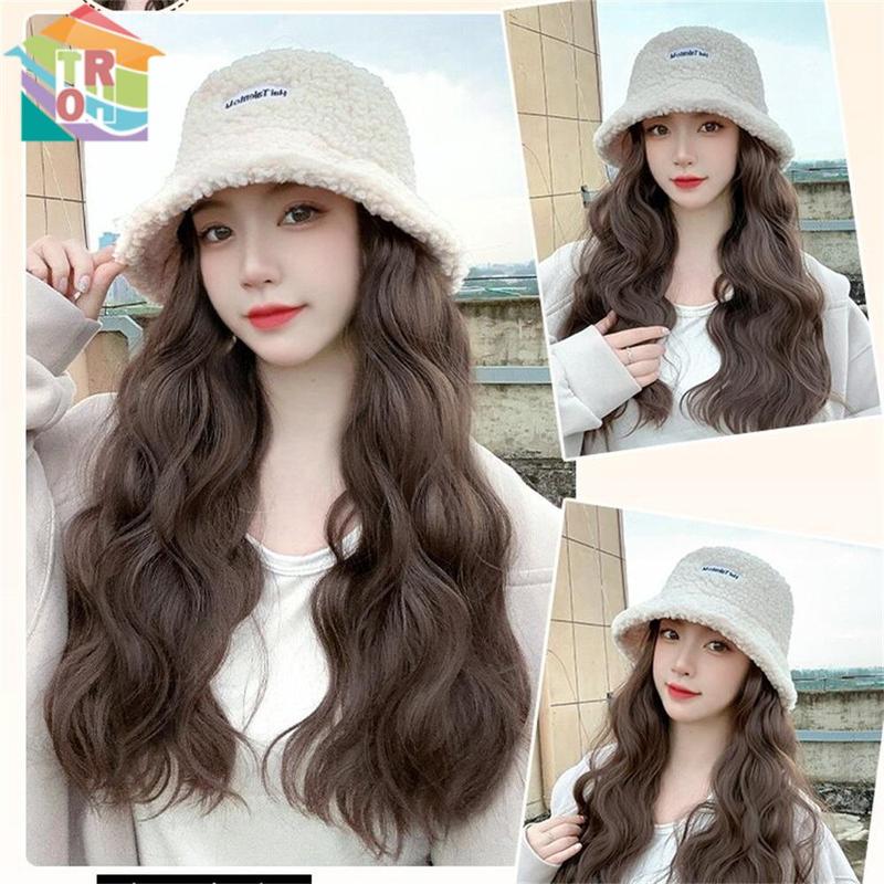 Tóc Giả Xoăn Dài, Thiết Kế Gợn Sóng Nước, Kèm Mũ, Thích Hợp Cho Mùa Đông, Dành Cho Nữ, Làm Bằng Len Cừu, Thời Trang, Kiểu Mũ Ngư Dân, Tóc Giả Một Mảnh, Tóc Giả Có Mũ