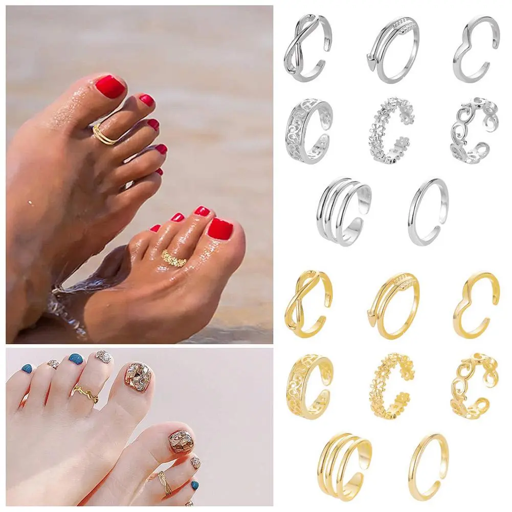 8Pcs/Set Fashion Retro Open Adjustable Foot Ring Summer Beach Toe Ring For Women Friendship Girlfriend Valentine's Day