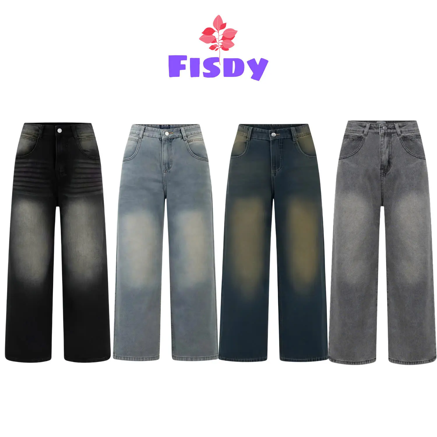 [ Fisdy ] - Quần jeans dài Wash Cạp cao Ống rộng tôn dáng form unisex nam nữ có túi Menwear