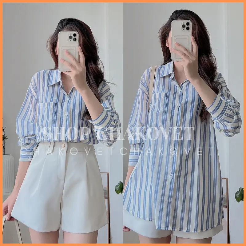 Áo sơ mi kẻ sọc nữ dài tay A8362 phong cách vintage Hàn Quốc, form rộng mặc đi chơi cực cá tính siêu xinh - CHAKOVET 2