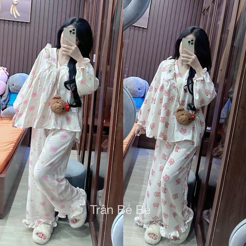 MN83 Set Bộ Áo Babydoll Freesize Quần Dài Chất Vải Đũi Xốp Mặc Thường Ngày Nữ