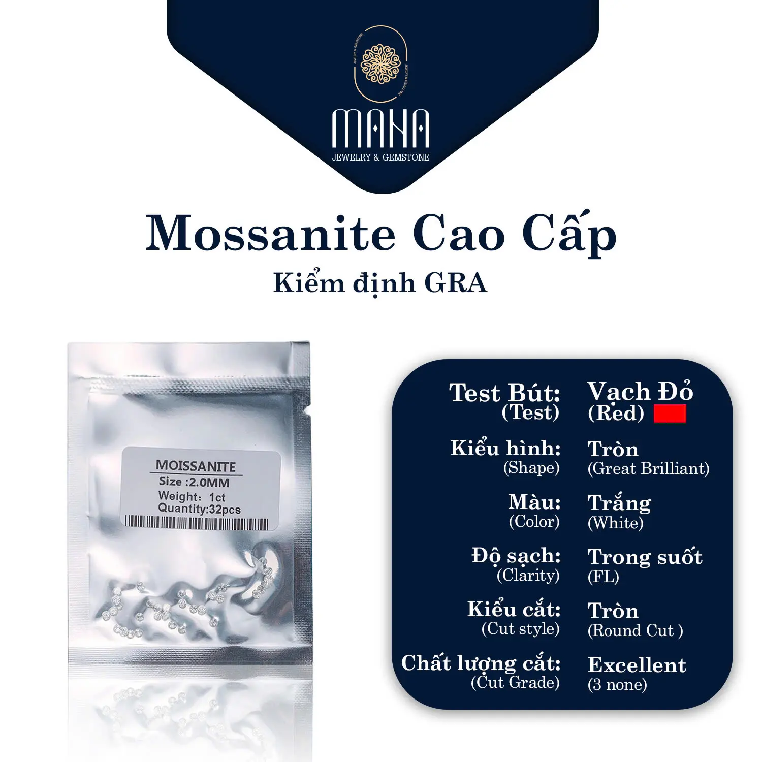 Kim cương Moissanite màu Trắng 4.0 - 10.0 ly viên Tròn Hàng Mỹ (kèm Kiểm Định GRA)